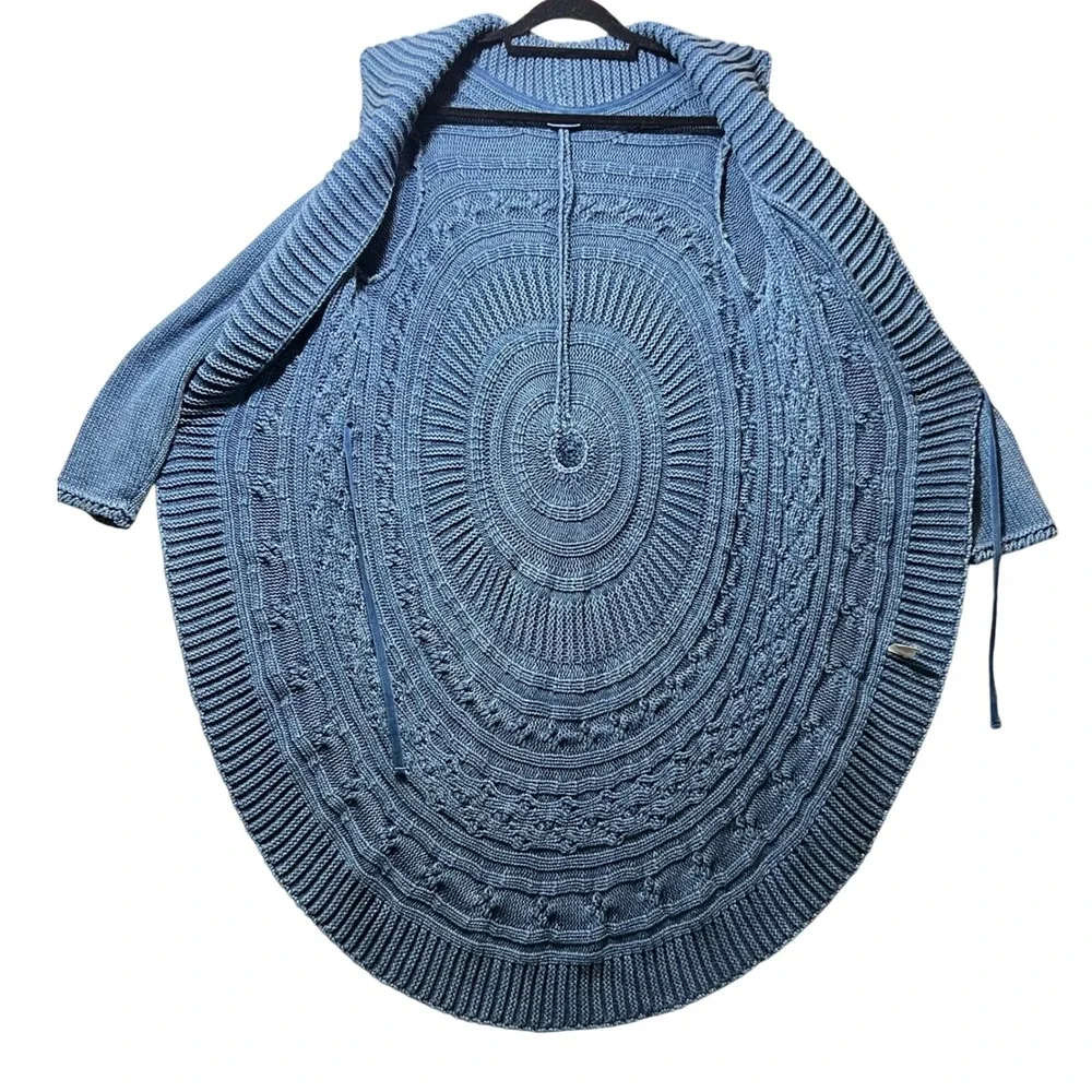 Blue Willi's Vintage Circular Knit Long Cardigan Wrap Coat‎ L Denim Blue Cotton